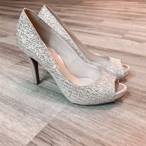 Audrey Brooke Silver & Gold Sparkly Peep-toe Heels